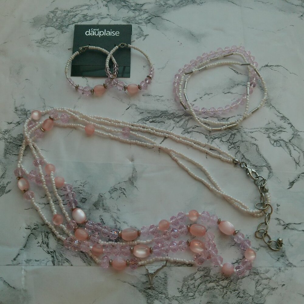 Pretty Pink and Clear Beaded Necklace Set (316)